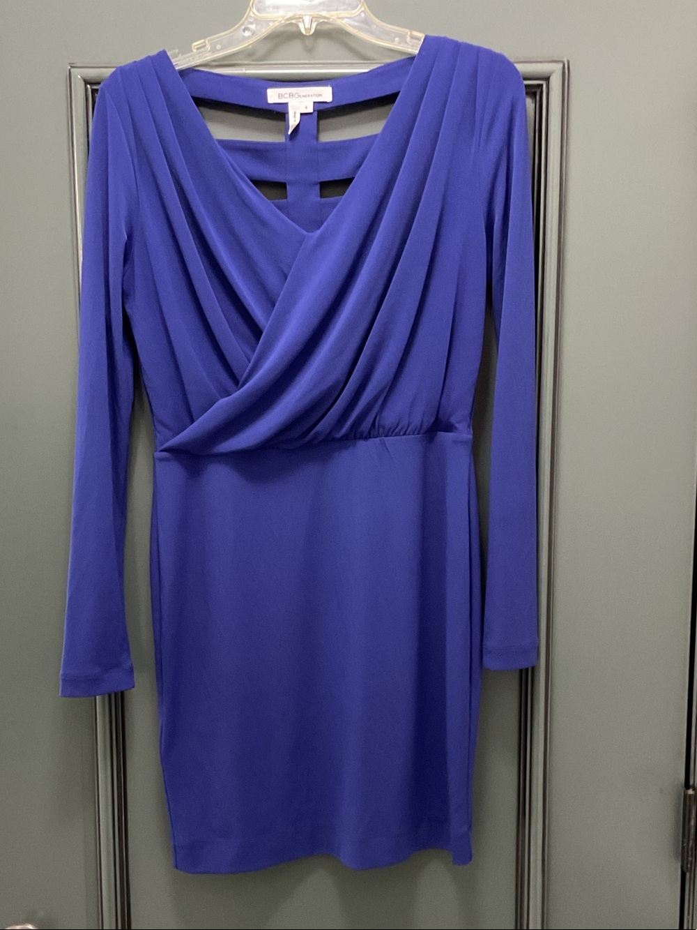 BCBGeneration Cobalt Blue Long-Sleeve Draped V-Neck Dress with crisscross back